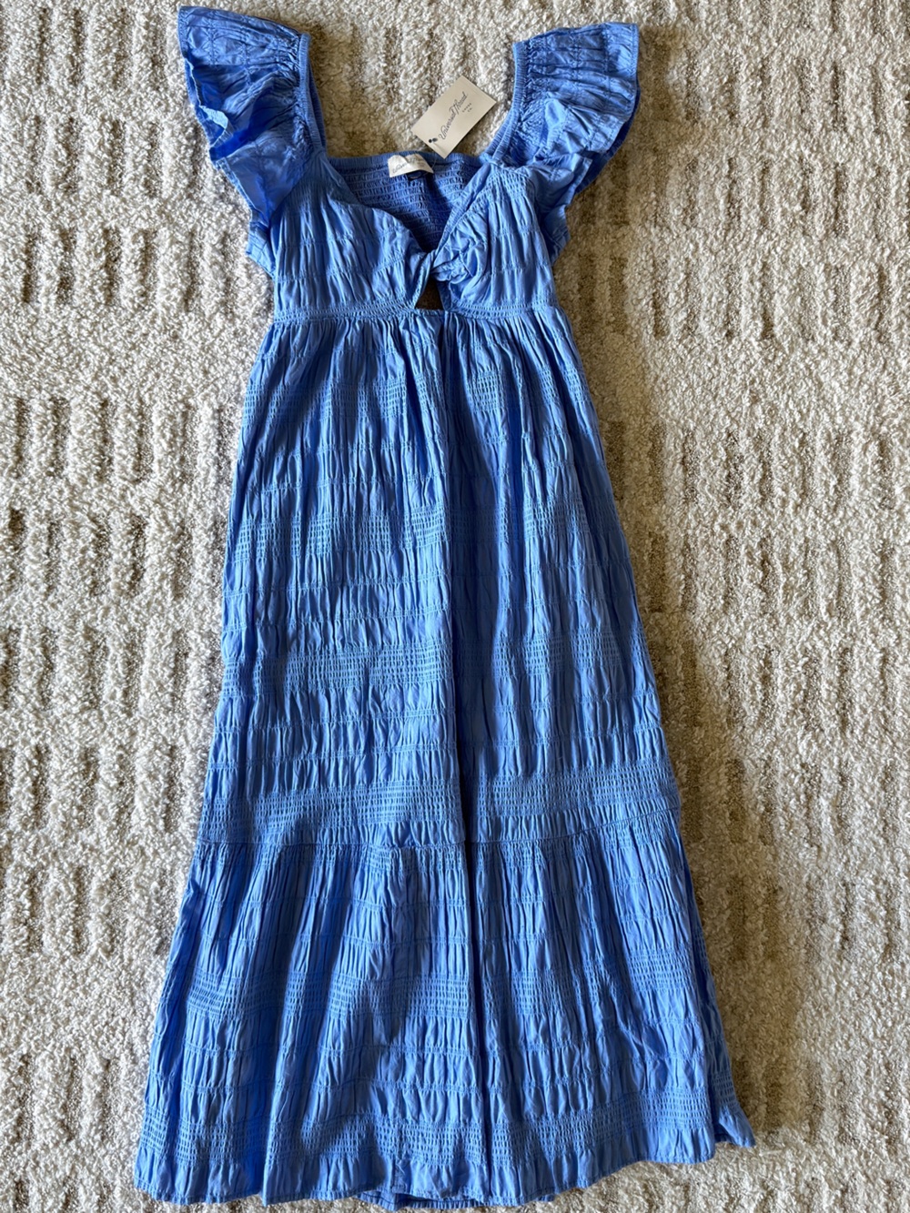 NWT Blue Smocked Maxi Dress with Tie Front